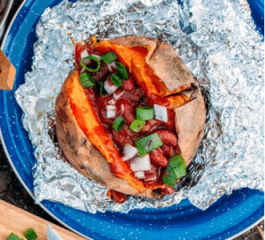 Foil-Wrapped Baked Sweet Potatoes and Chili