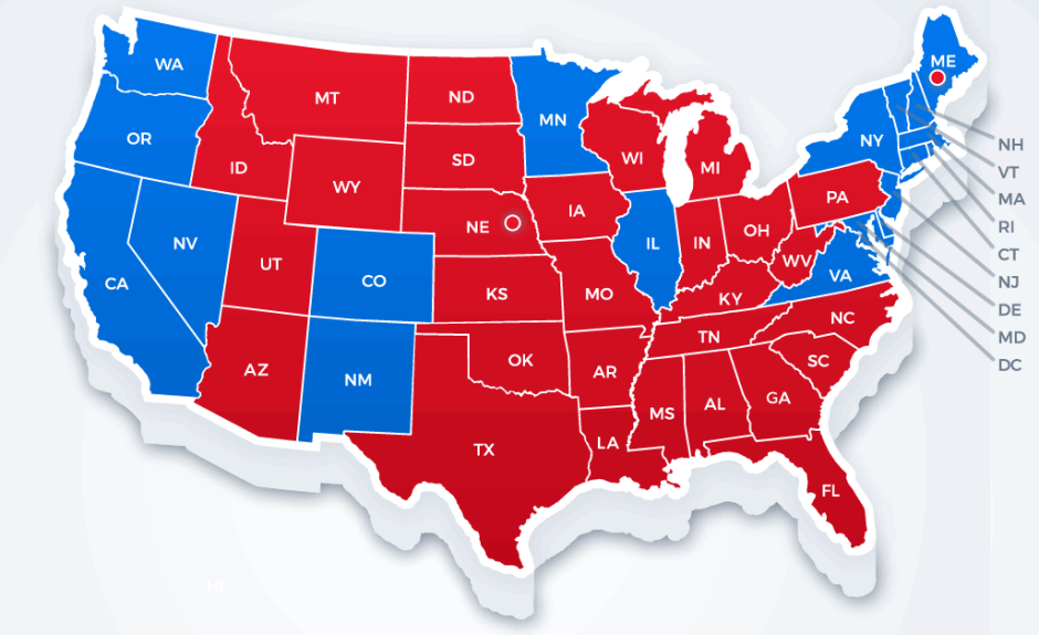 blue (Democrats) and red (Republicans)